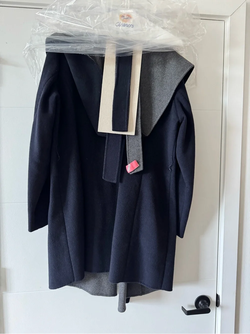 Michael Kors Two-Tone Hooded Open-Front Trench Coat in Navy and Gray
